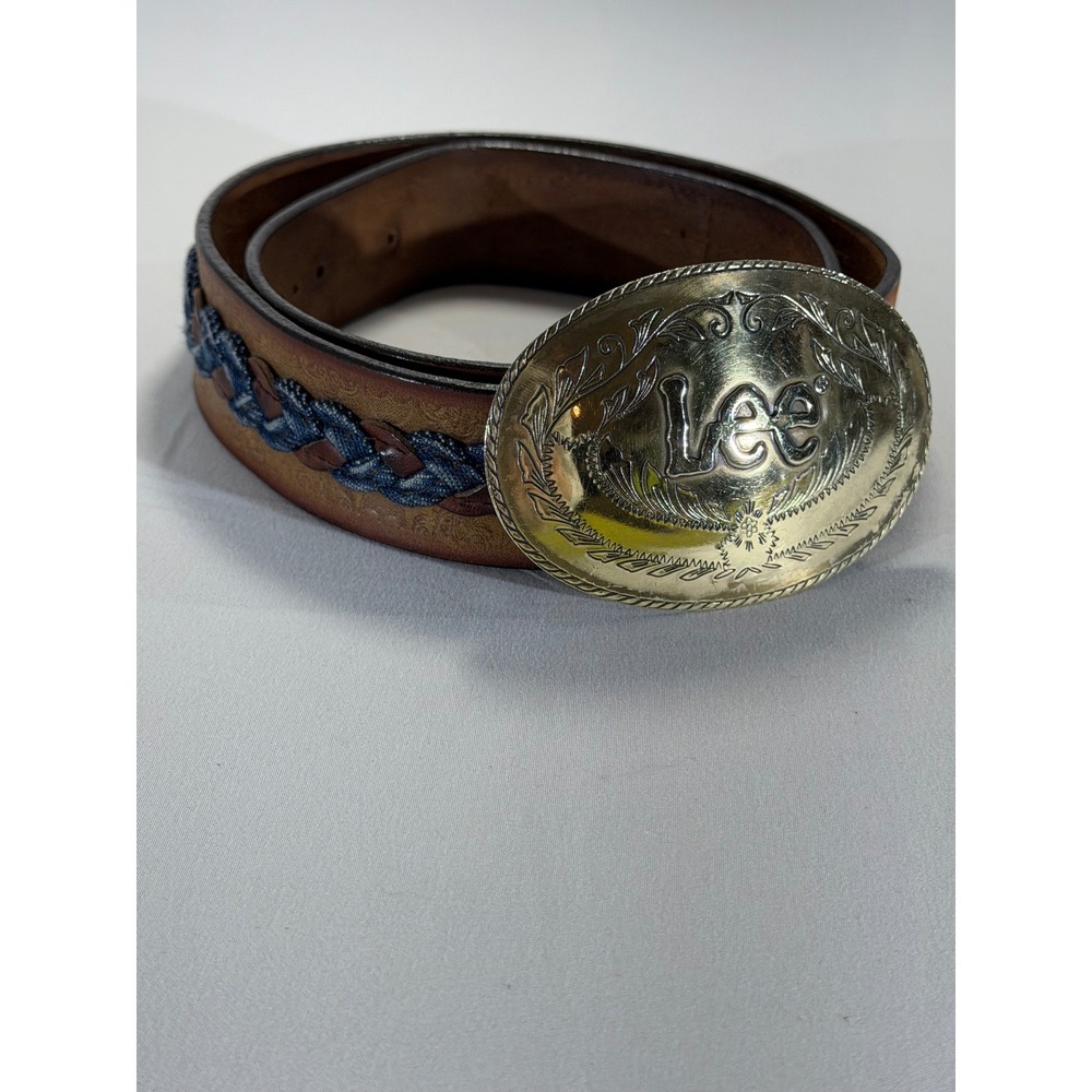Vintage Lee Jeans Leather Belt w/ Brass Oval Buckle Denim Inlay Leegin Size 30